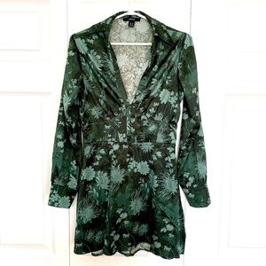 FOREVER 21 Green Floral Satin Long Tunic Blouse